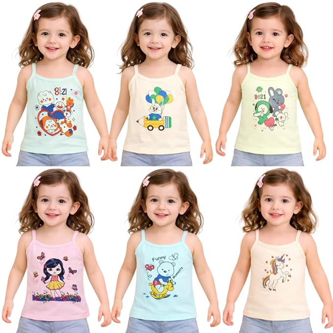 Girls Vest with 100% Cotton Printed Vest Sleeveless Assorteed Pack of 6